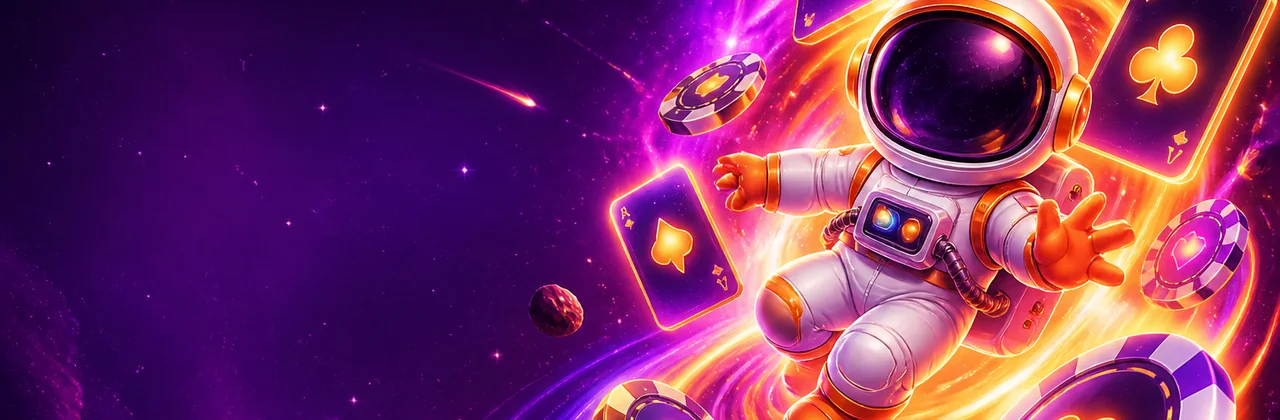 Banner trò chơi trực tuyến với phi hành gia và vòng quay ánh sáng